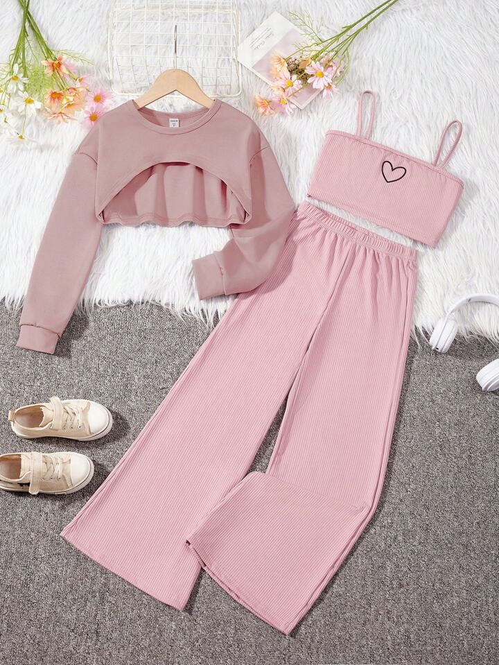 Heart Sweatshirt Cami Flare Pants 3pcs Set