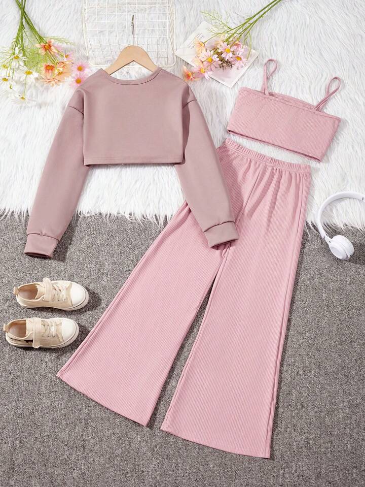 Heart Sweatshirt Cami Flare Pants 3pcs Set