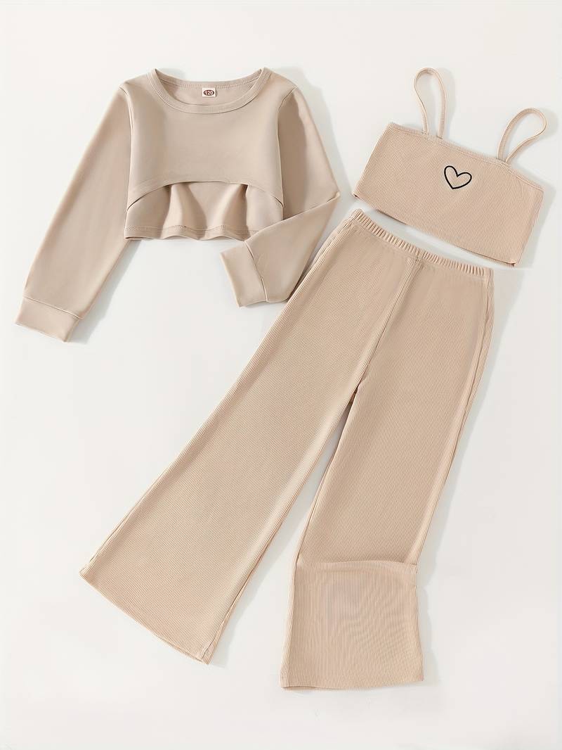 Heart Sweatshirt Cami Flare Pants 3pcs Set