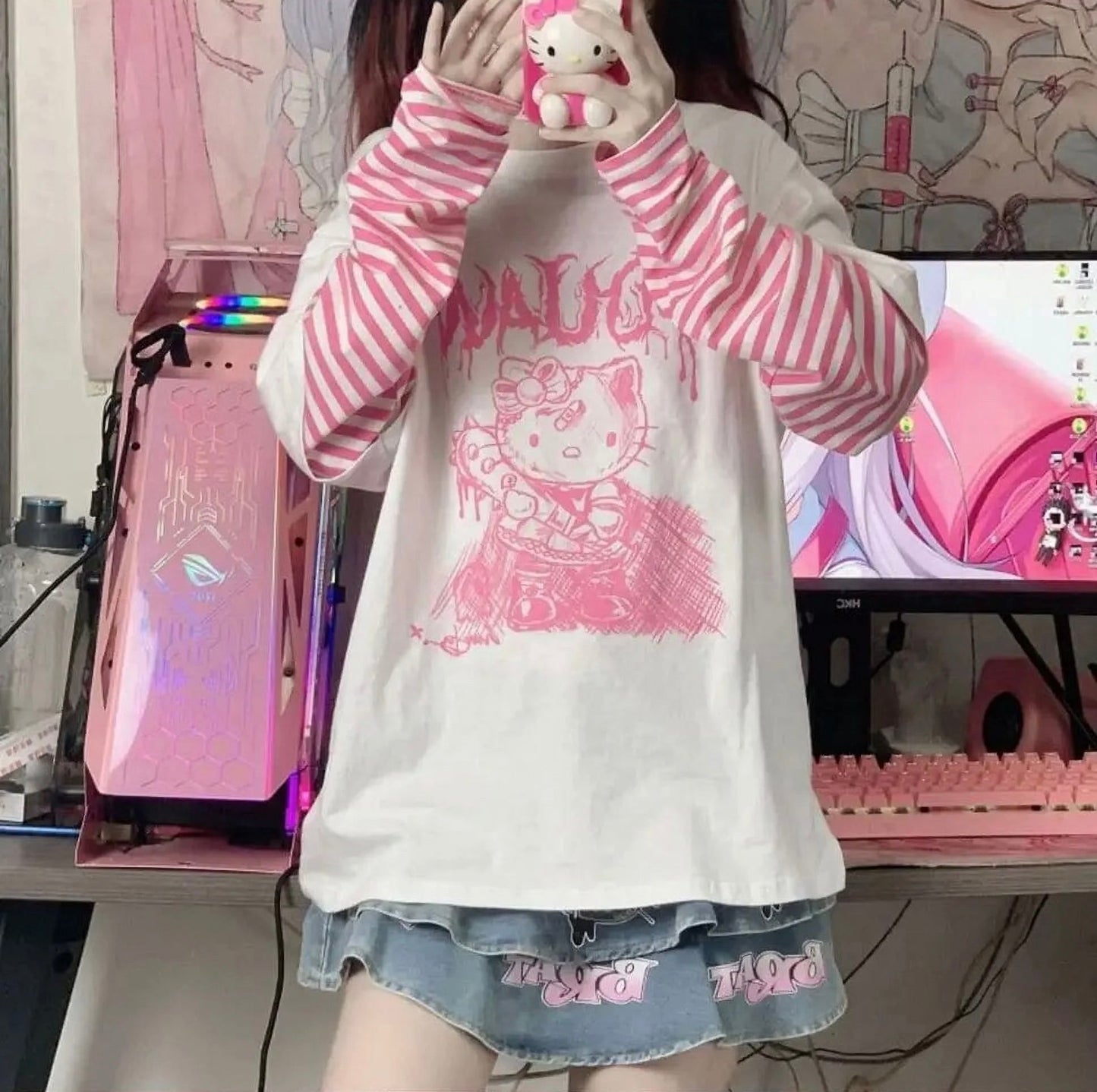 Hello Kitty Sketch Striped Sleeve T-Shirt