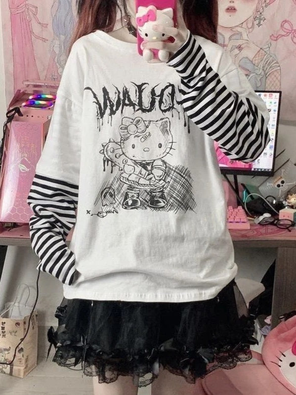 Hello Kitty Sketch Striped Sleeve T-Shirt