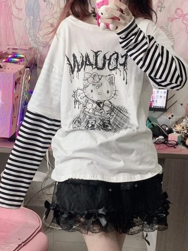 Hello Kitty Sketch Striped Sleeve T-Shirt