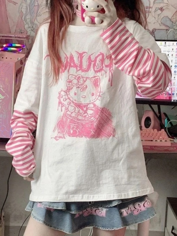 Hello Kitty Sketch Striped Sleeve T-Shirt