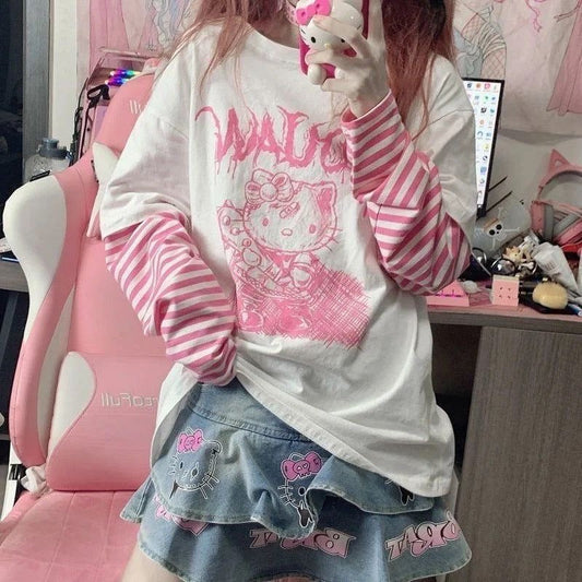 Hello Kitty Sketch Striped Sleeve T-Shirt