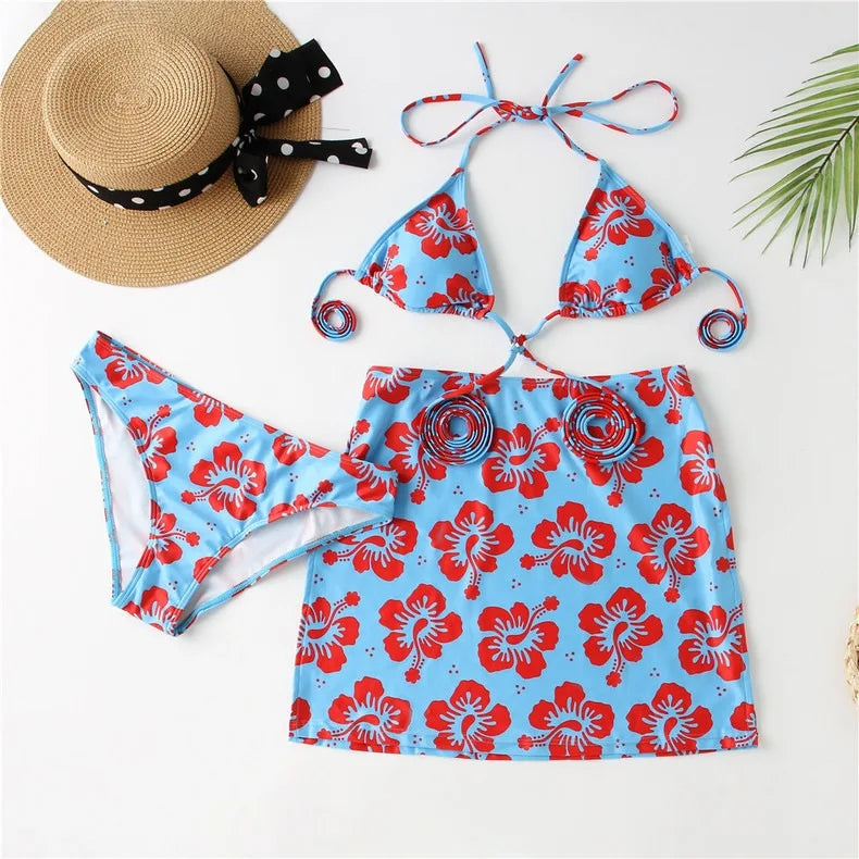 Hibiscus Floral Print 3 Piece Bikini Set