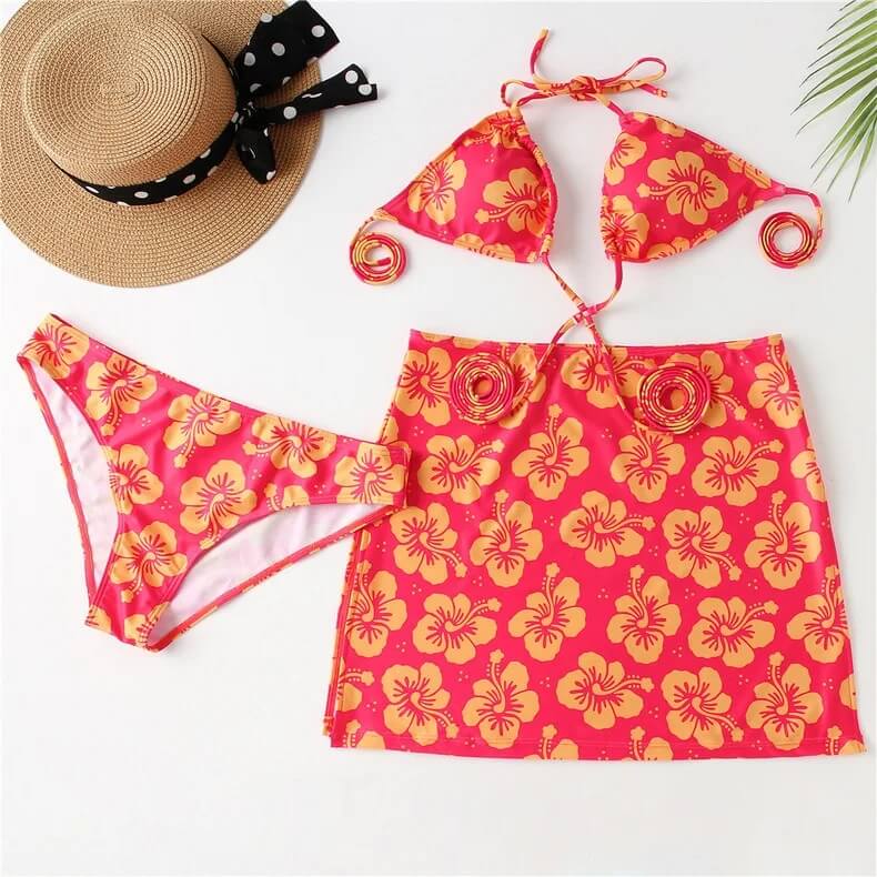 Hibiscus Floral Print 3 Piece Bikini Set