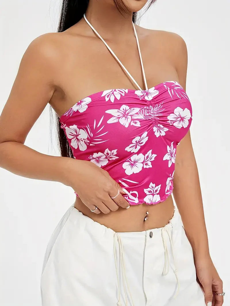 Hibiscus Floral Ruched Bust Halter Crop Top