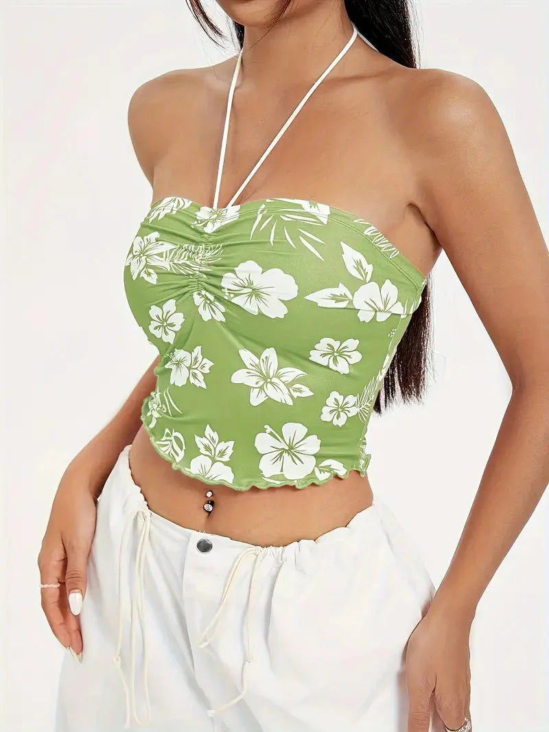 Hibiscus Floral Ruched Bust Halter Crop Top