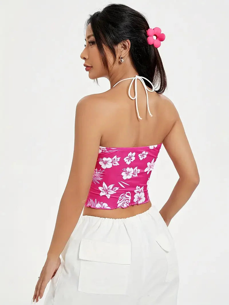 Hibiscus Floral Ruched Bust Halter Crop Top