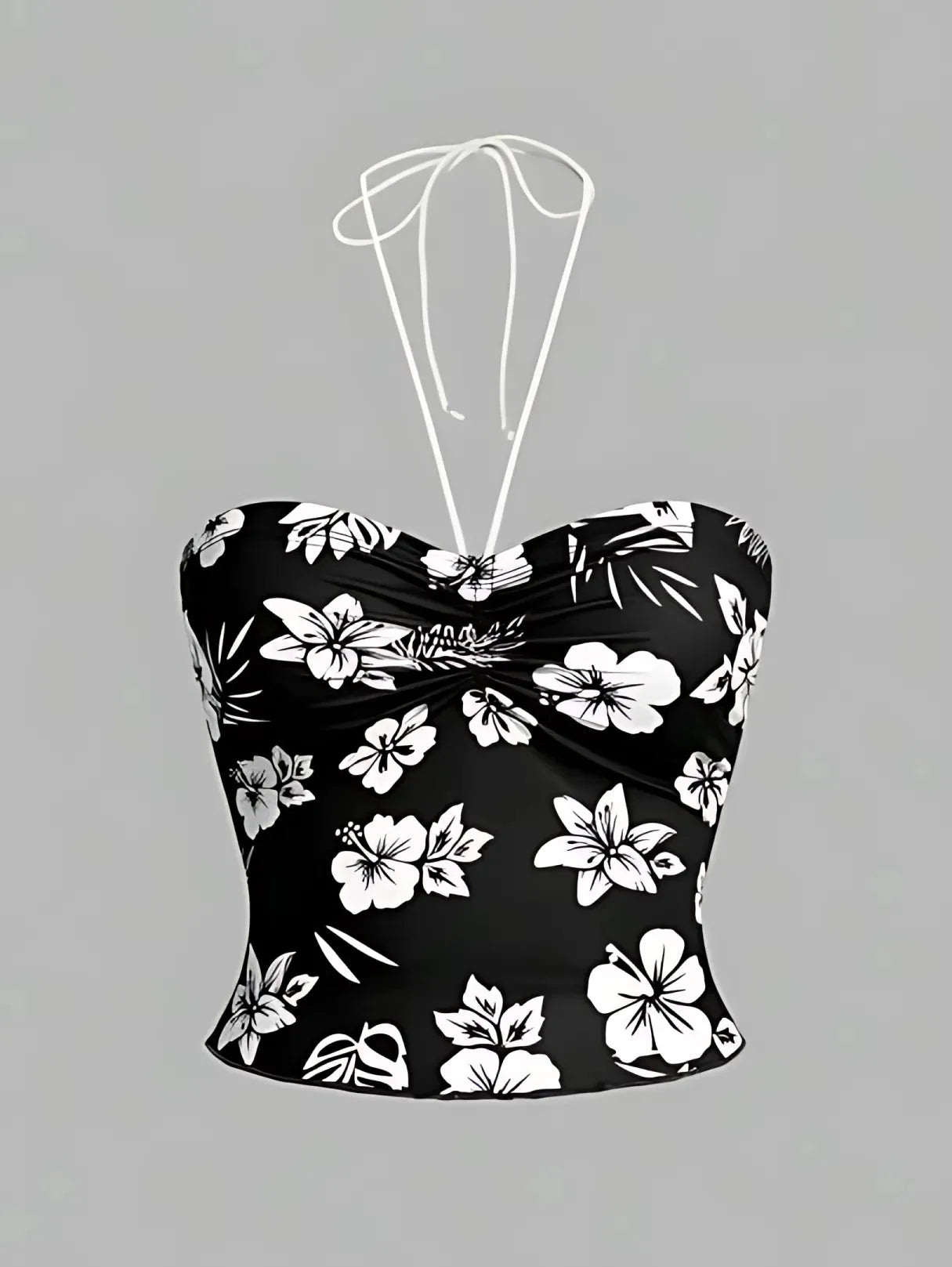 Hibiscus Floral Ruched Bust Halter Crop Top