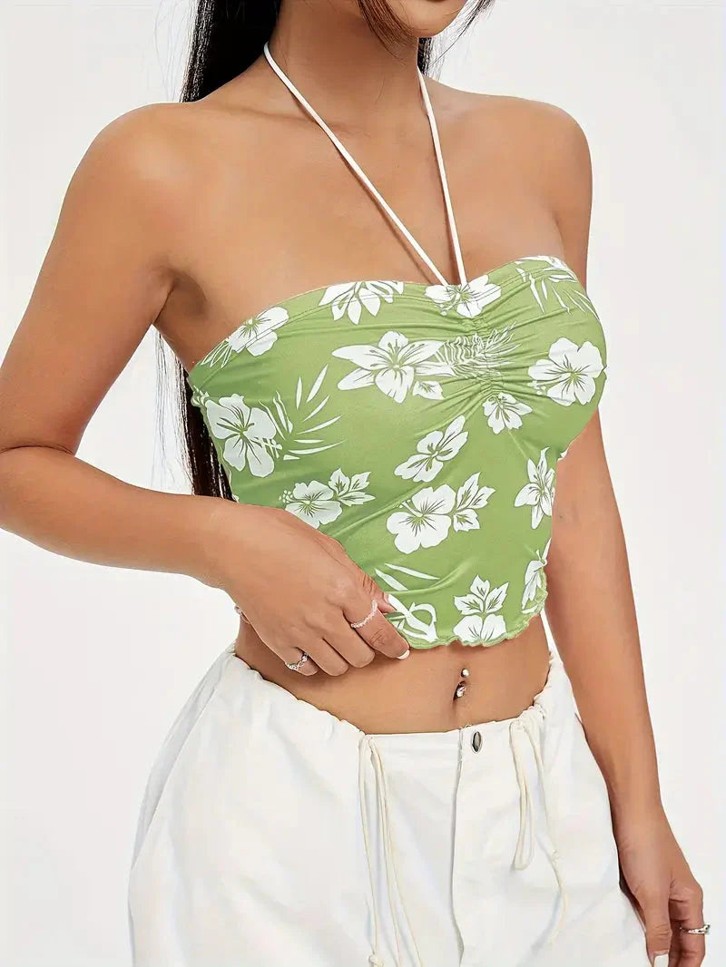 Hibiscus Floral Ruched Bust Halter Crop Top