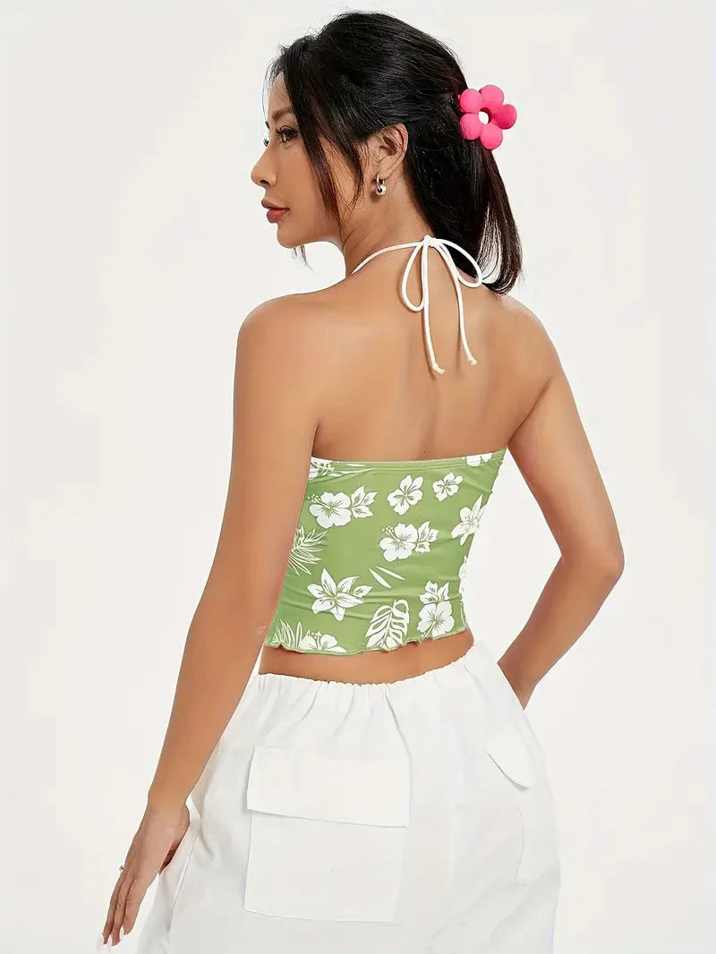 Hibiscus Floral Ruched Bust Halter Crop Top