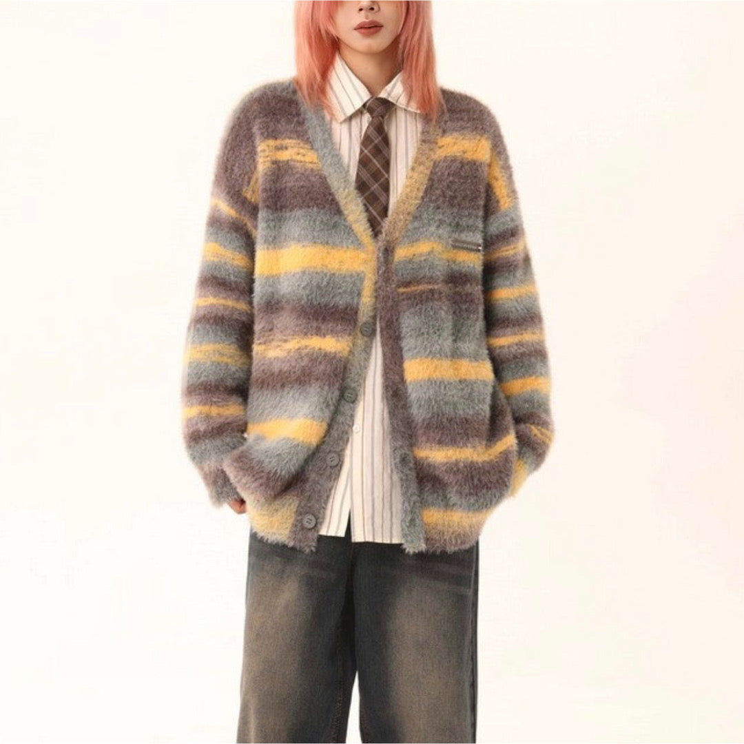 Horizontal Stripes Mohair Button-Up Knitted Sweater