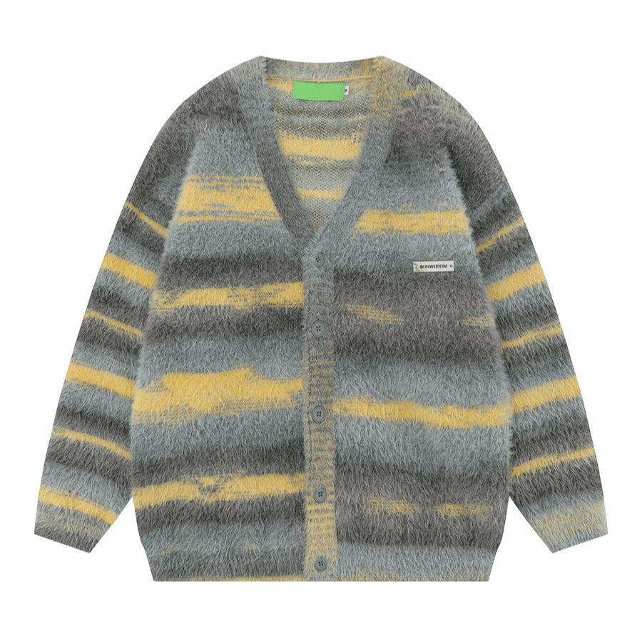 Horizontal Stripes Mohair Button-Up Knitted Sweater