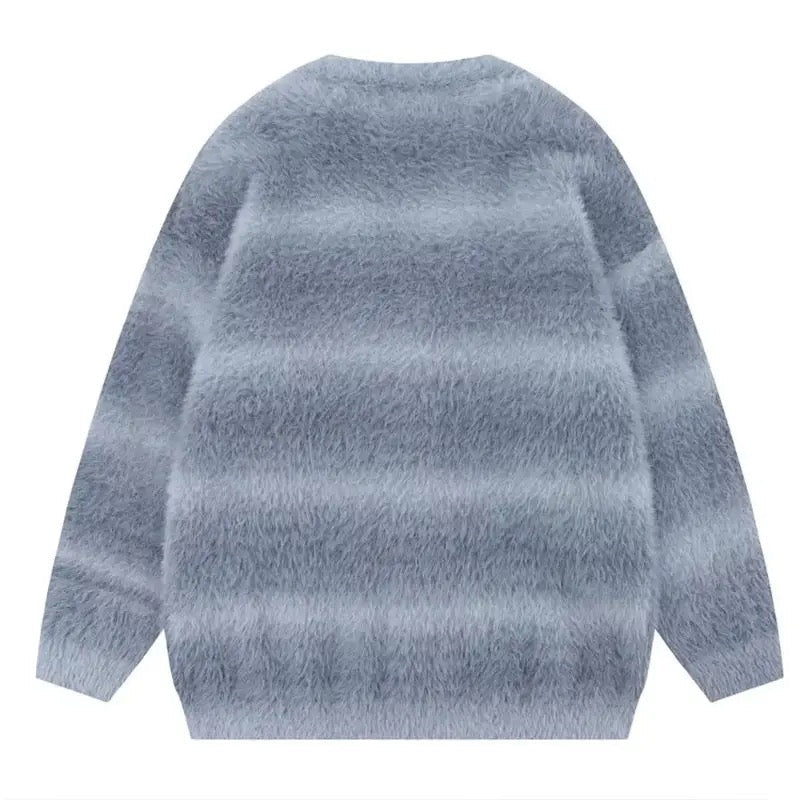 Horizontal Stripes Mohair Button-Up Knitted Sweater