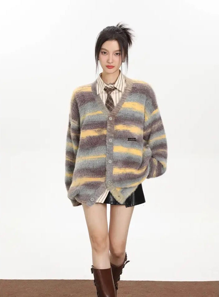 Horizontal Stripes Mohair Button-Up Knitted Sweater