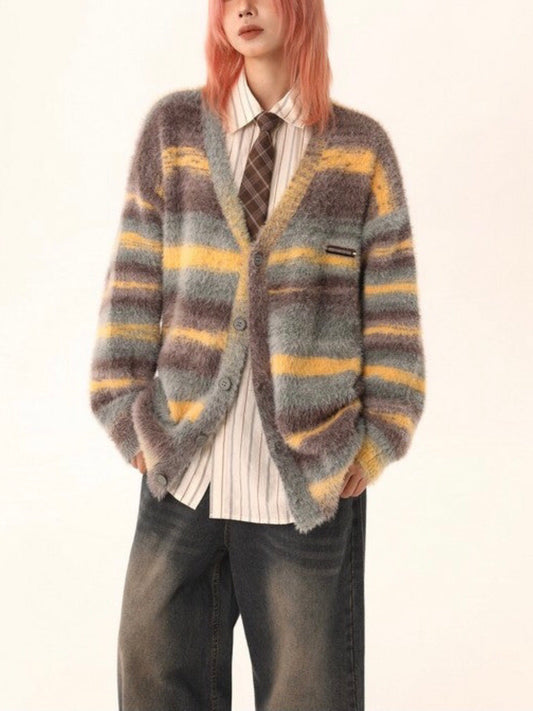 Horizontal Stripes Mohair Button-Up Knitted Sweater