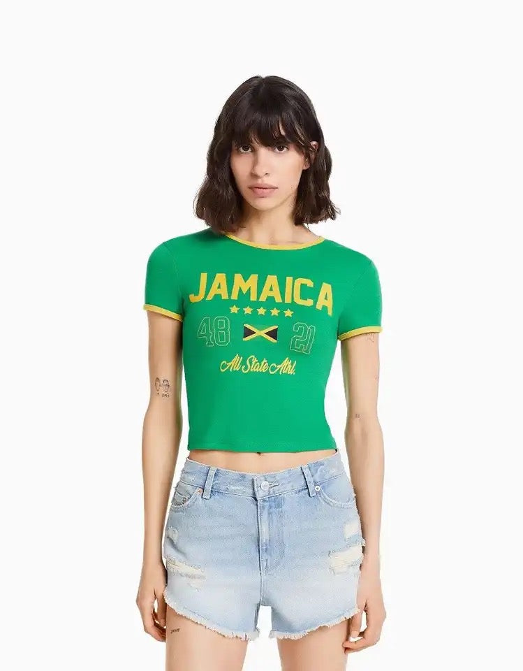 'Jamaica' '48' '21' Crew Neck Crop Top