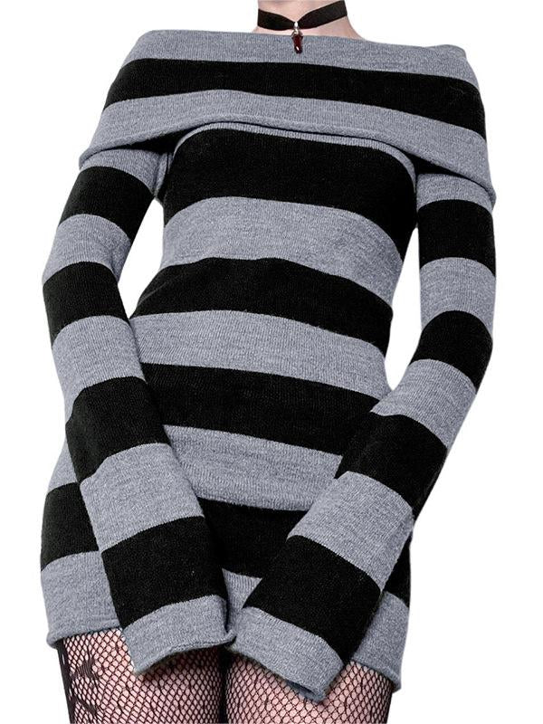 Knitted Off-Shoulder Long Sleeve Striped Mini Dress