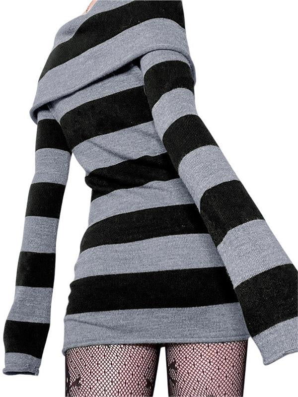 Knitted Off-Shoulder Long Sleeve Striped Mini Dress