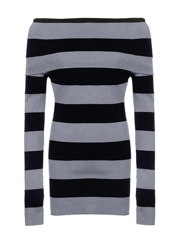 Knitted Off-Shoulder Long Sleeve Striped Mini Dress