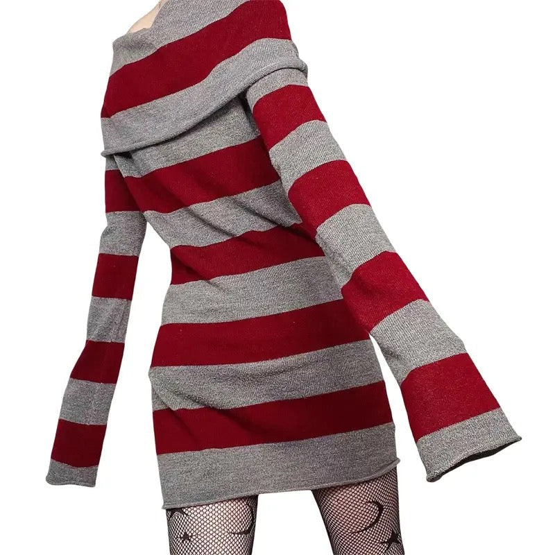 Knitted Off-Shoulder Long Sleeve Striped Mini Dress