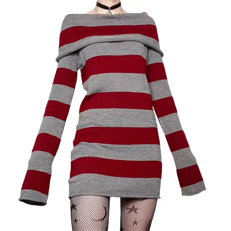 Knitted Off-Shoulder Long Sleeve Striped Mini Dress