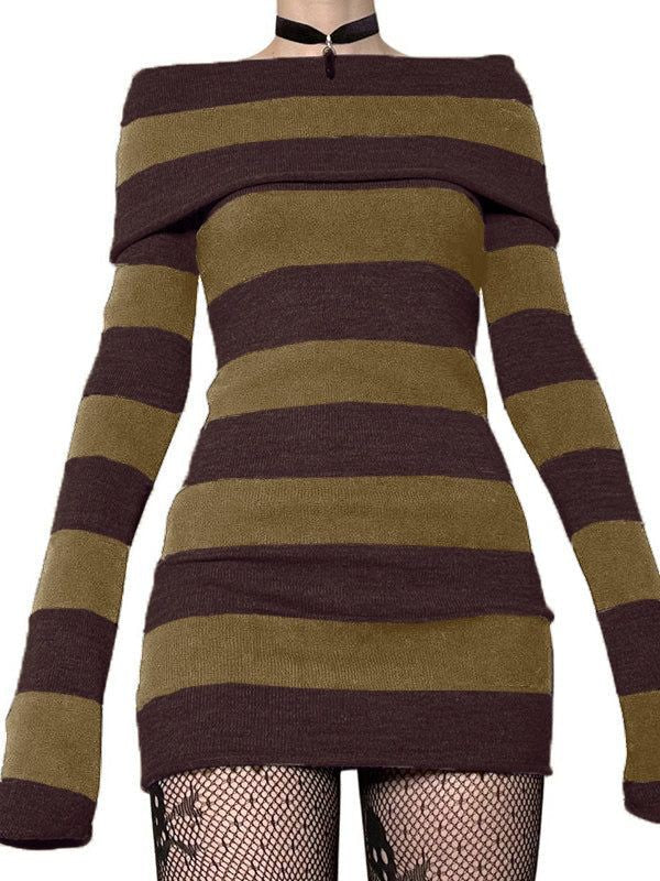 Knitted Off-Shoulder Long Sleeve Striped Mini Dress