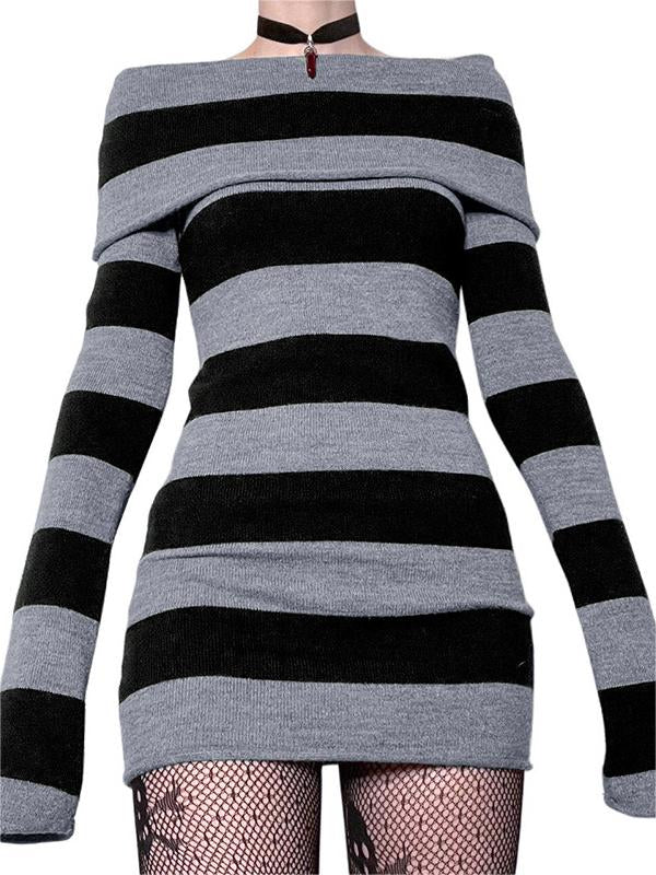 Knitted Off-Shoulder Long Sleeve Striped Mini Dress