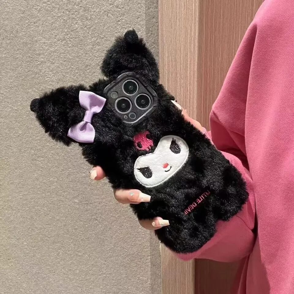 Kuromi Fur iPhone Case with wrist strap