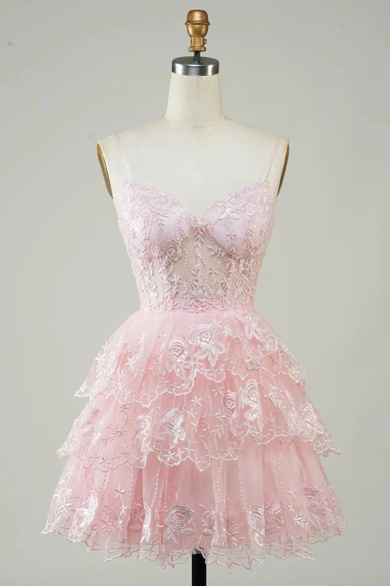 Lace Applique Tiered Tulle Corset Mini Dress