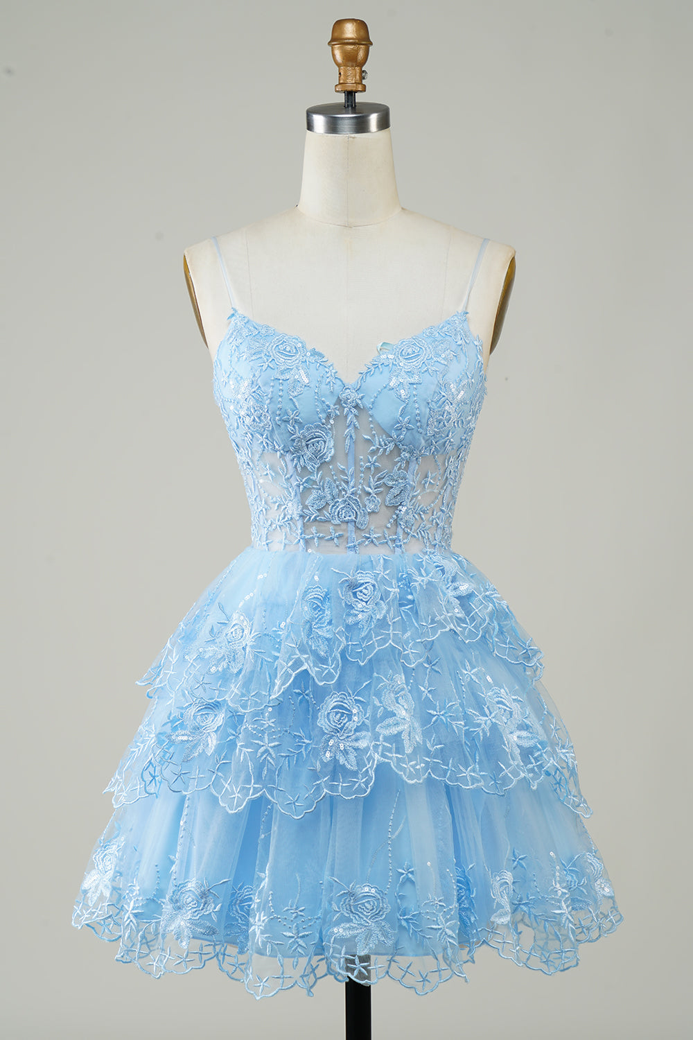 Lace Applique Tiered Tulle Corset Mini Dress