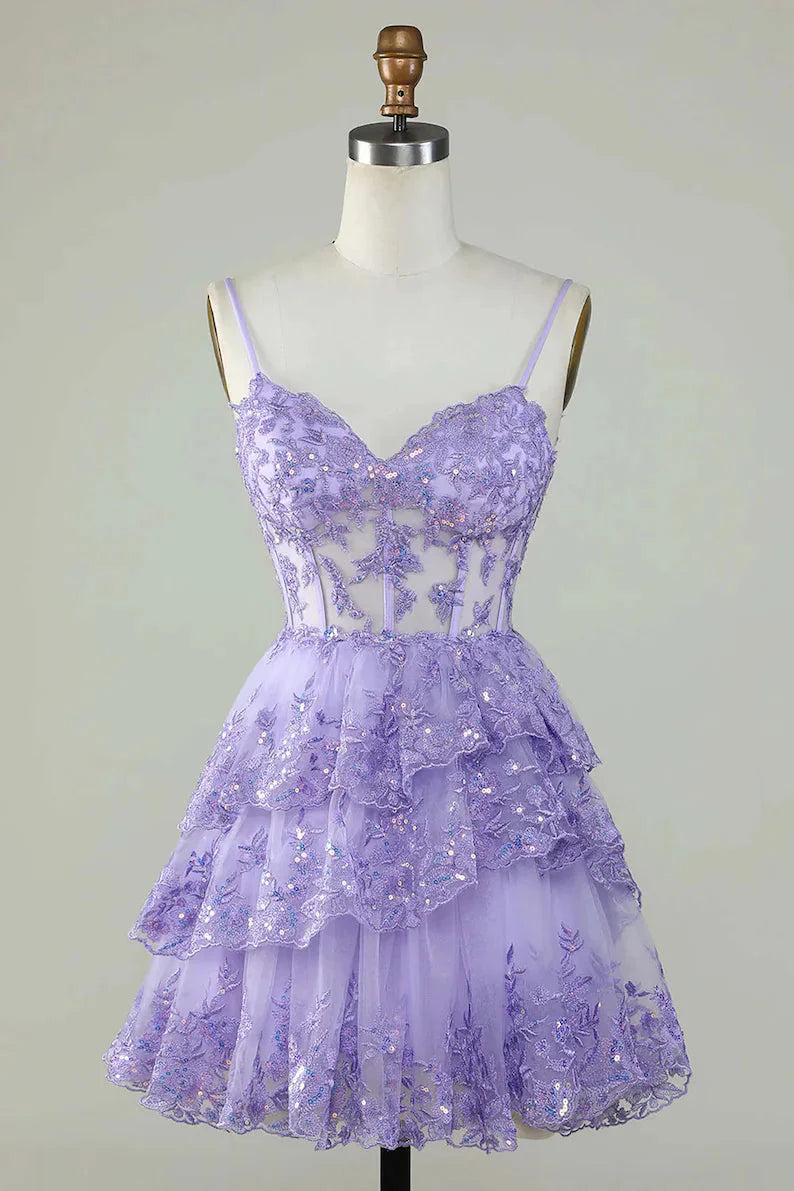 Lace Applique Tiered Tulle Corset Mini Dress