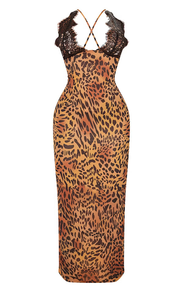 Leopard Print Lace Maxi Dress