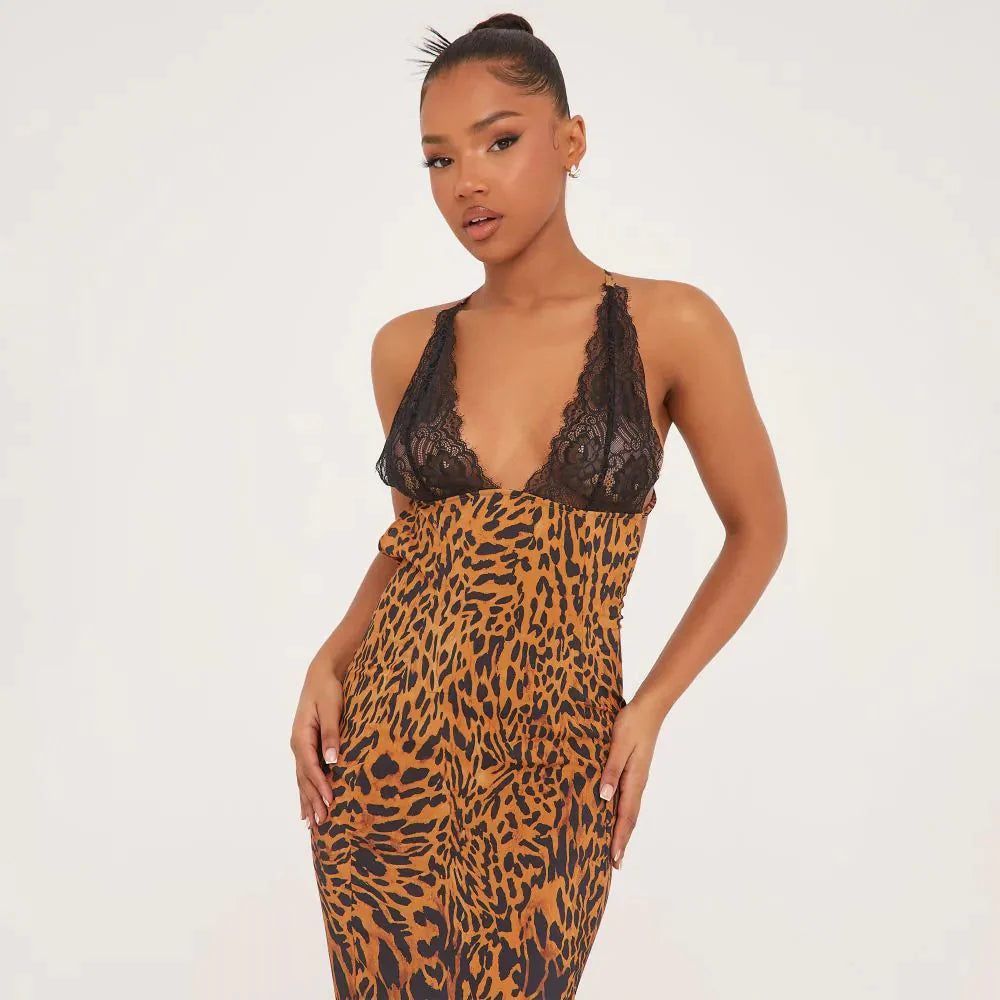 Leopard Print Lace Maxi Dress