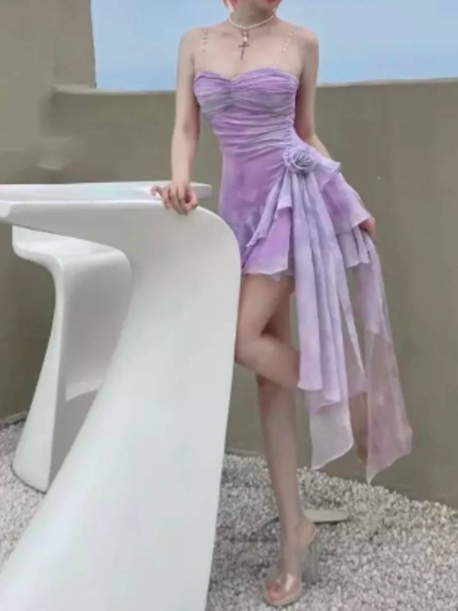 Lilac Ruffles Assymetric Flower Mini Dress (PRE-ORDER)