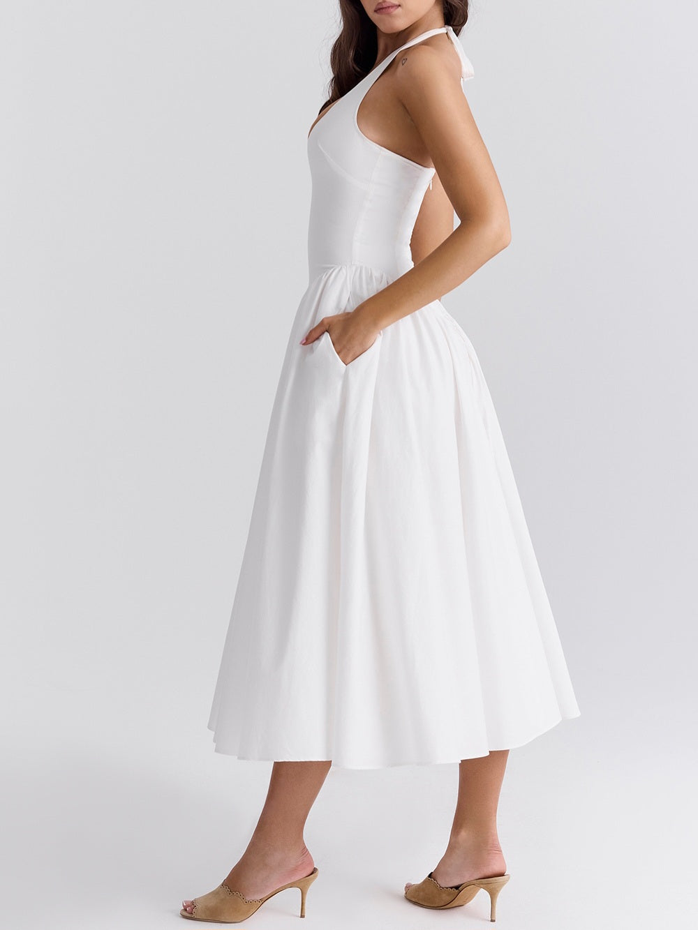 Marilyn White Cotton Halter Midi Sundress