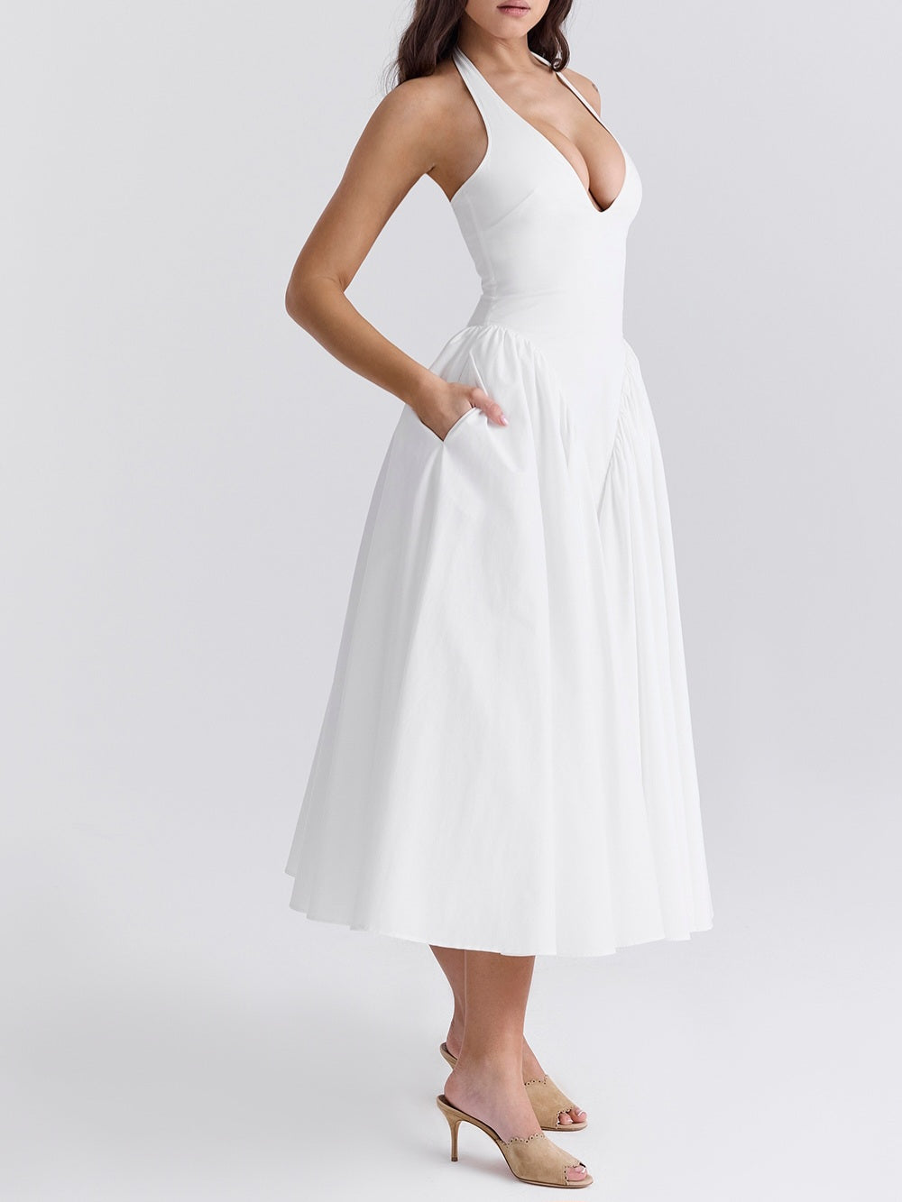 Marilyn White Cotton Halter Midi Sundress