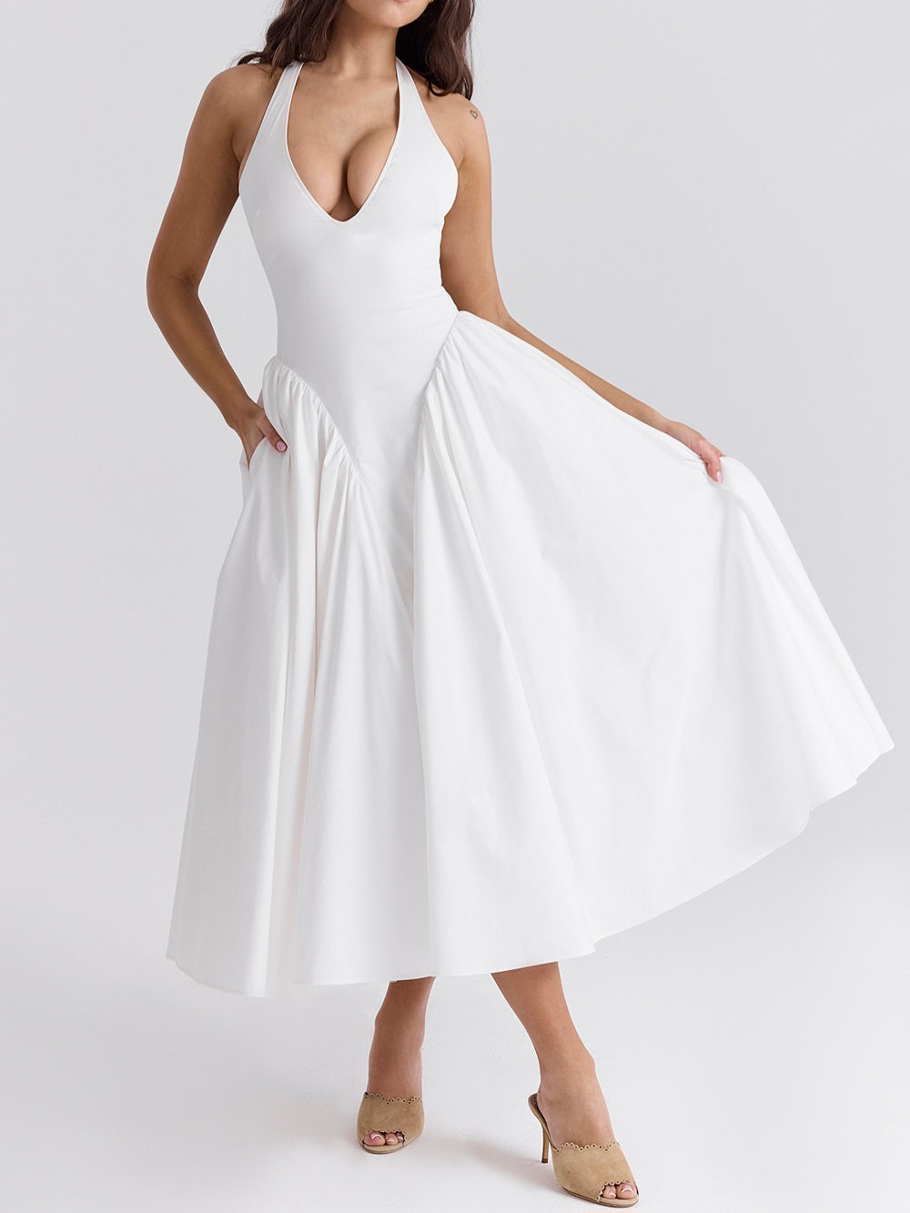 Marilyn White Cotton Halter Midi Sundress