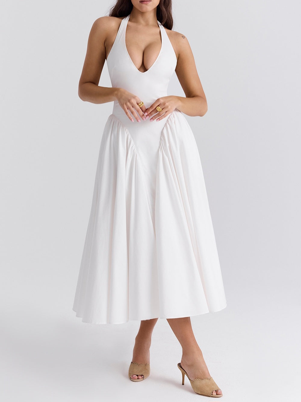 Marilyn White Cotton Halter Midi Sundress