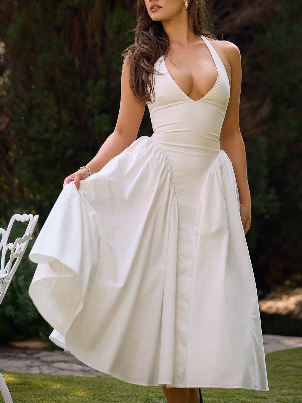 Marilyn White Cotton Halter Midi Sundress