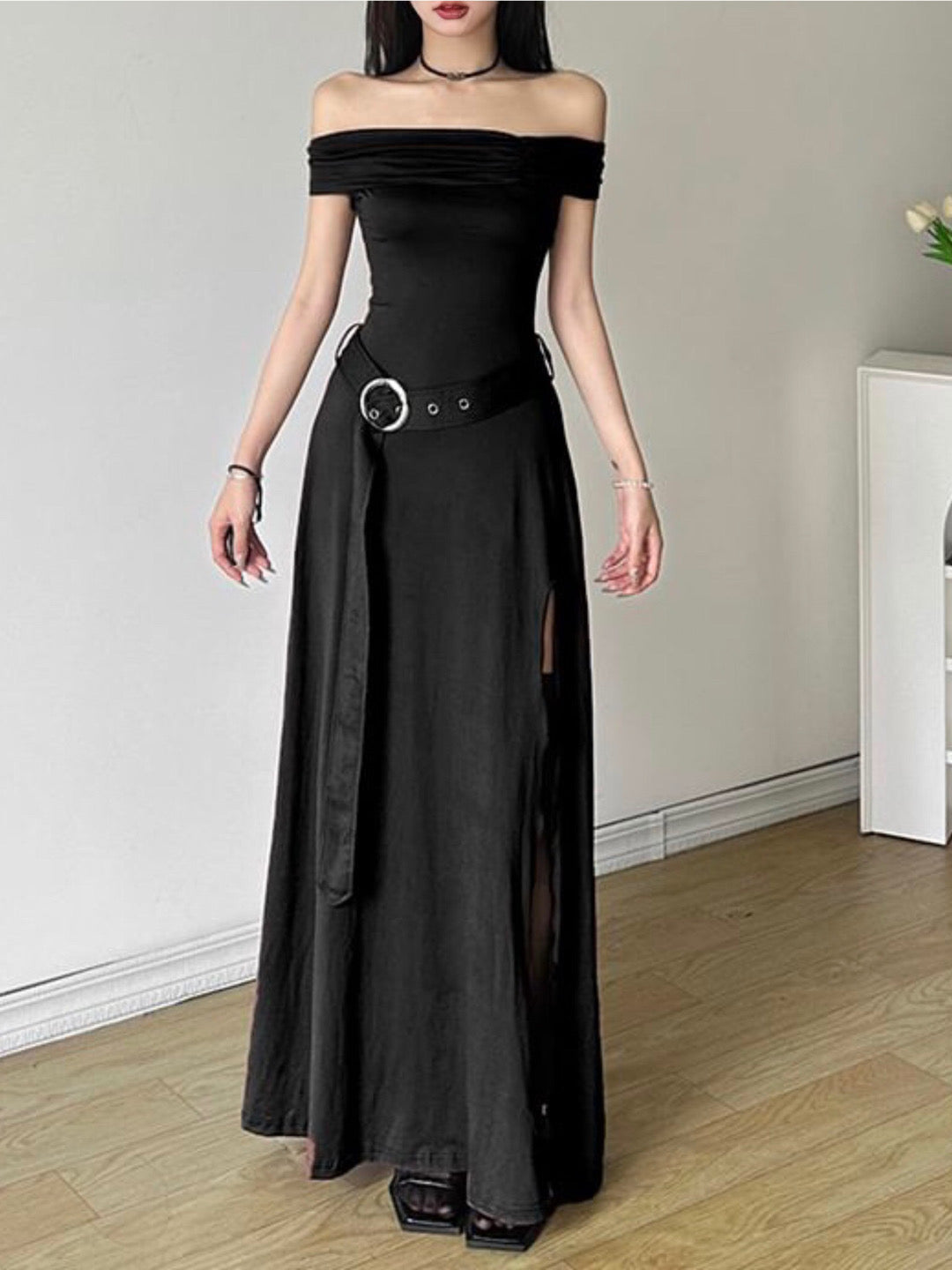 Medieval Off-Shoulder Belted Slit Dress