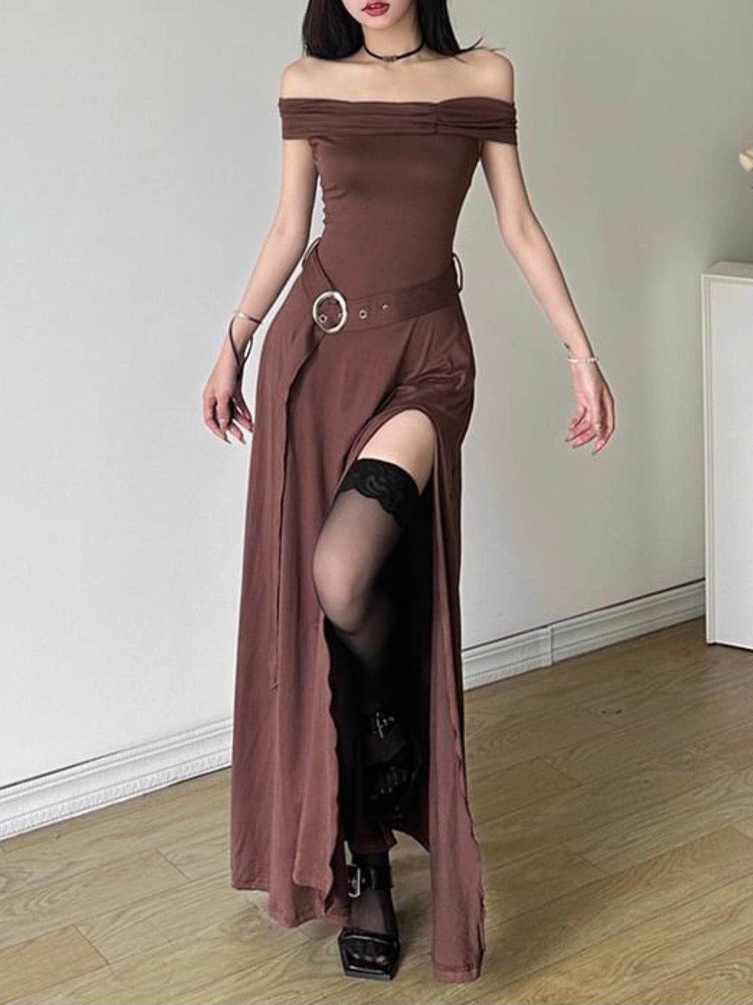 Medieval Off-Shoulder Belted Slit Dress