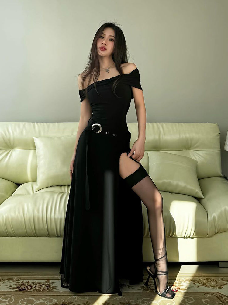 Medieval Off-Shoulder Belted Slit Dress