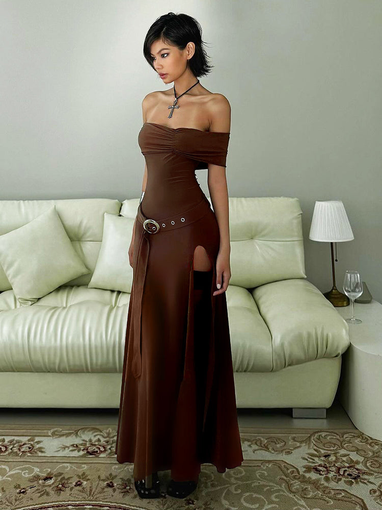 Medieval Off-Shoulder Belted Slit Dress