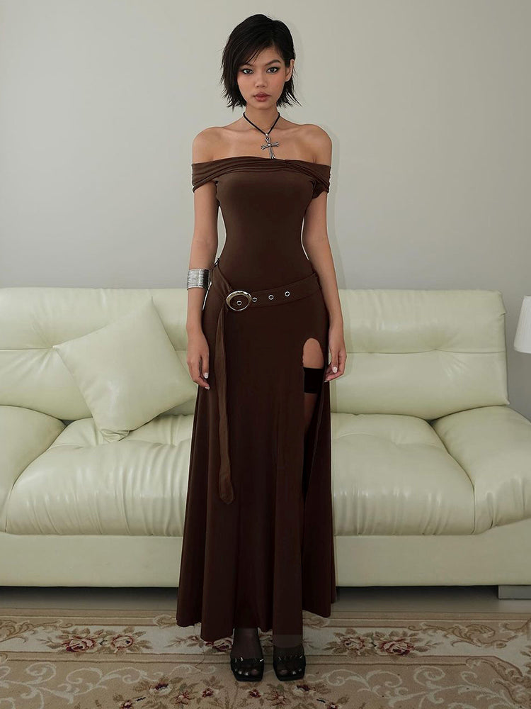 Medieval Off-Shoulder Belted Slit Dress