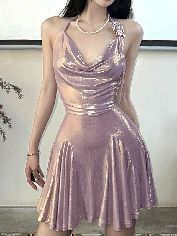 Metallic Cowl Halter Neck Pleated Mini Dress