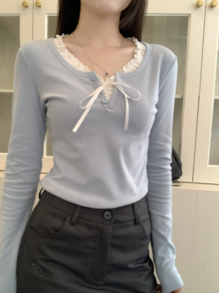 Mock 2-Piece Bow Frill Long Sleeve Top