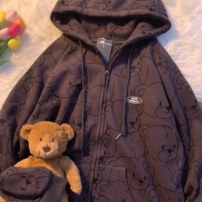 New Preppy Bear Print Hoodie