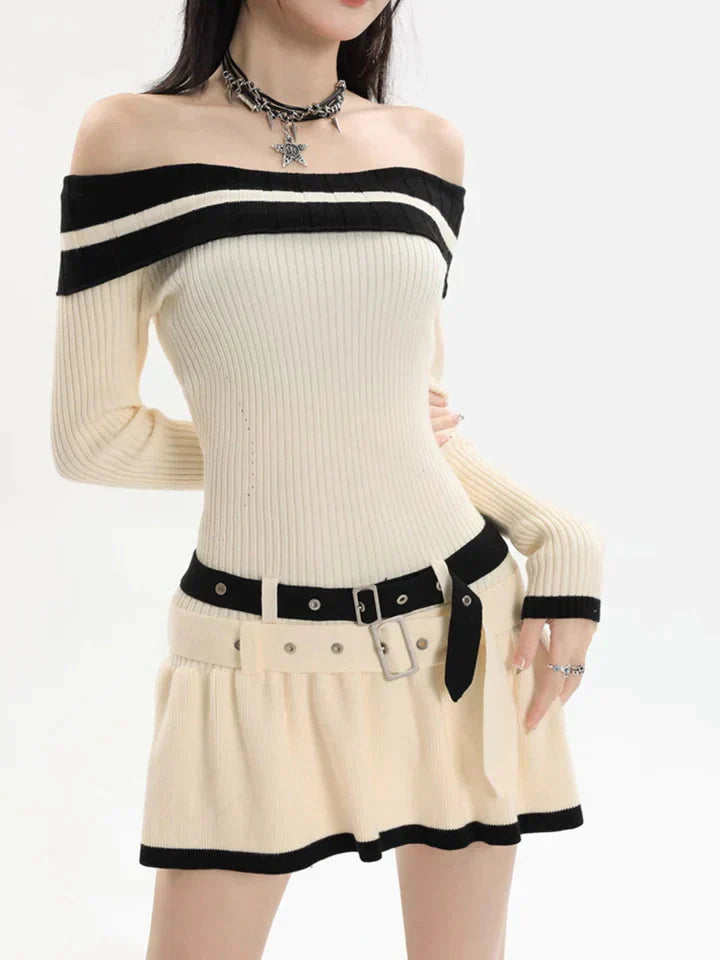 Off Shoulder Double Belt Knit Dress